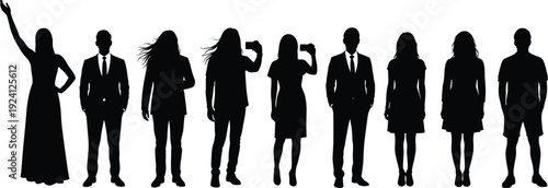 Black Silhouette Vector Set of Diverse Men and Women in Formal and Casual Attire Including Waving Taking Photos and Standing in a Row Concept