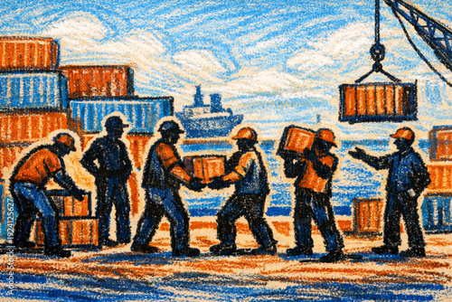 Dockworkers unload cargo from a ship using a crane at a busy port scene