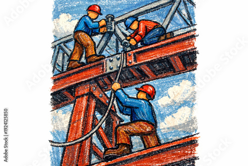 Construction workers collaborate and shake hands on a high-rise building project