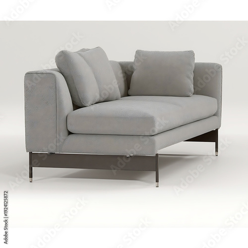Contemporary grey fabric modular corner sofa with throw pillows and dark metal legs, angled studio shot