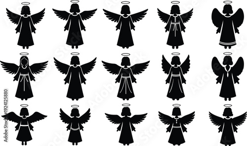 Black Silhouette Vector Set of Holy Angels with Wings and Halos in Various Poses Representing Spirituality Religion Christmas Decoration Guardian Spirits and Heavenly Grace