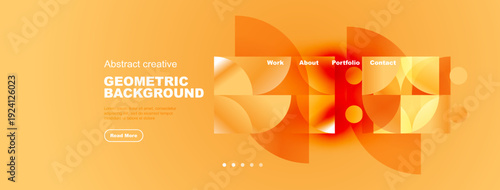 Modern website header design. Orange color scheme with geometric shapes, text elements, navigation menu. Clean, minimalist aesthetic.