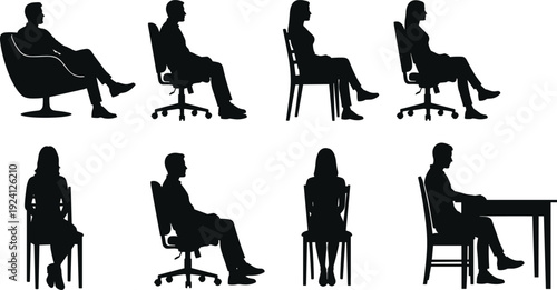 Black Silhouette Vector Set of Men and Women Sitting in Office Chairs Lounge Seats and at Desks Representing Corporate Professionalism and Modern Workspace