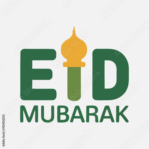 Eid Mubarak Green and Gold Arabic Calligraphy and Mosque Dome Illustration