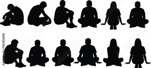 Black Silhouette Vector Set of Men and Women Sitting on Floor in Various Poses Including Cross Legged and Pensive Positions Representing Meditation and Loneliness