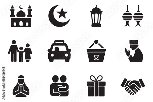 Collection of Islamic icons mosque crescent moon lantern family car donation gift and handshake