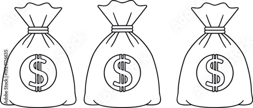 Set of outline money bags with dollar symbol representing wealth, savings, profit, investment and financial success vector illustration