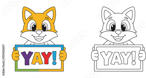 Cute Cartoon Fox Holding "YAY!" Sign - Celebration and Excitement Vector