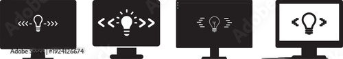 Computer monitor icon set with lightbulb and programming symbols vector silhouette