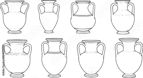 Collection of ancient Greek amphorae vase outlines a white background pottery