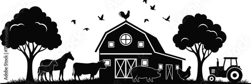 Black and white farm silhouette with barn, animals, tractor, trees, rooster, and rural landscape symbolizing agriculture, countryside, and farming life