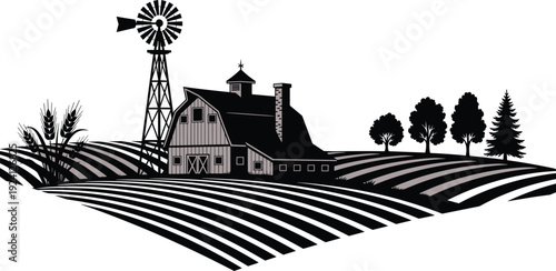 Black and white farm scene with barn, silo, windmill, cultivated fields, and trees, rural life artwork symbolizing agriculture and sustainability