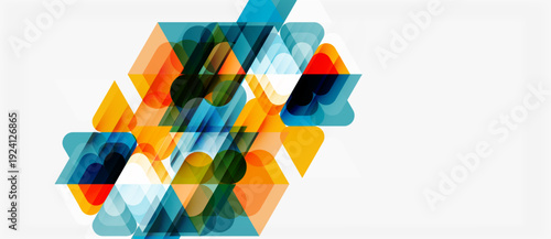 Abstract geometric shapes overlap, creating vibrant colorful composition. Modern design with transparency effects. Clean background enhances visual impact.