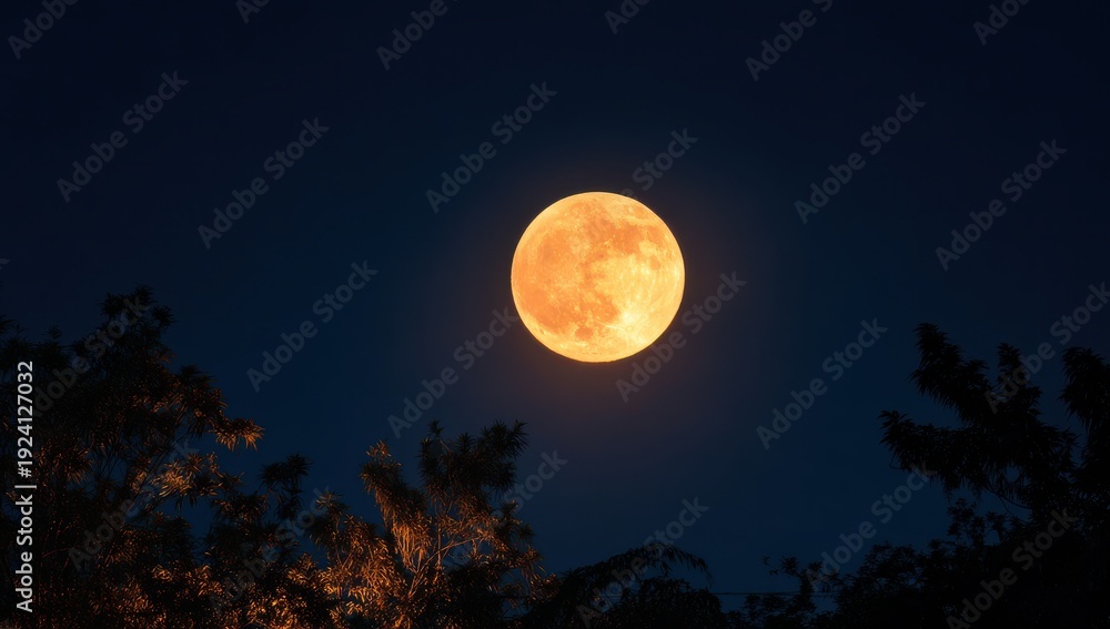 Fototapeta premium Moonlit Serenity: A captivating shot of a vibrant full moon, its warm glow illuminating the tranquil night sky, framed by the silhouettes of tree branches.