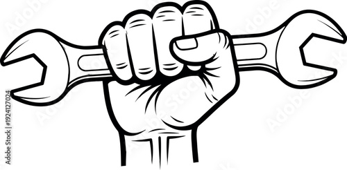 A hand firmly gripping a pair of crossed wrenches, symbolizing strength and tool use.