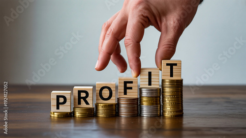 Hand arranging profit word blocks on growing coin stacks