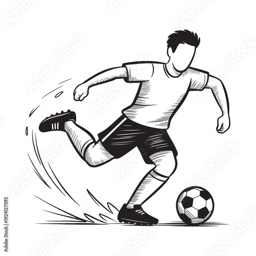 A black and white illustration depicts a soccer player kicking a ball dynamically