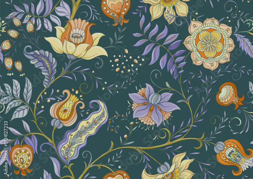 Wallpaper Mural Botanical floral seamless ornament. Vintage hand drawn pattern with ornate garden flowers, leaves and intricate decorative swirls for textile wallpaper. Classic elegant motif design. Torontodigital.ca