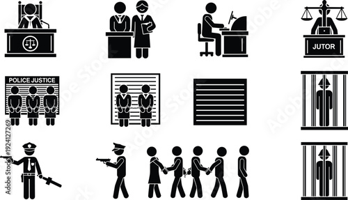 Black and white icons depicting criminal justice process with judges, police, suspects, jail, law enforcement, trial, and incarceration stages