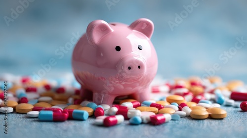 A pink piggy bank surrounded by a colorful assortment of pills and capsules, symbolizing healthcare expenses and the financial aspects of medication costs in modern society.