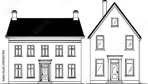 Distinct architectural house facades shown in black and white line style home building