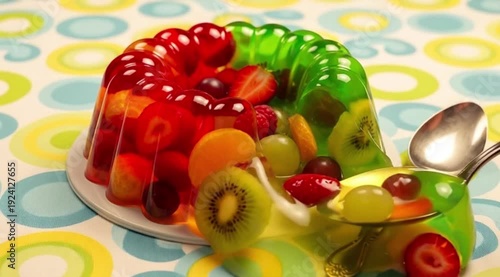 A colorful Jell-O mold, shimmering with suspended fruit pieces, on a retro patterned tablecloth. Style 1960s nostalgia, playful