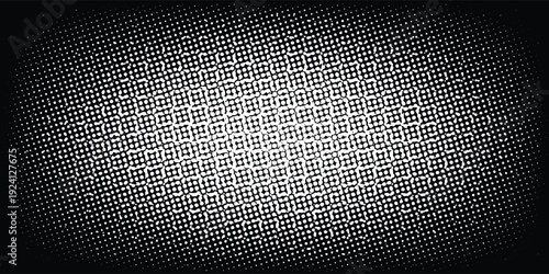Abstract black and white halftone pattern with distorted geometric square texture.