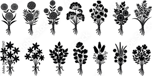 Set of black mushroom silhouettes, fungus icon collection, forest toadstool shapes, organic nature elements, autumn botanical vector, isolated fungal graphics, garden.