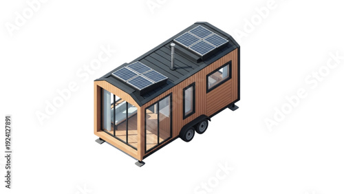 Eco-friendly mobile tiny house illustration featuring solar panels for sustainable living solutions