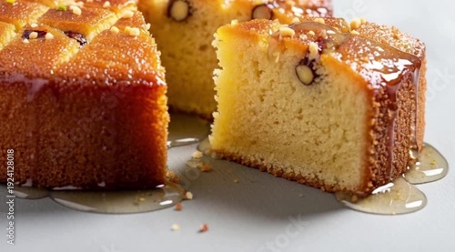 A cross-section of a rich, moist Basbousa (semolina cake) soaked in syrup, revealing its perfect textureA cross-section of a rich, moist Basbousa (semolina cake) soaked in syrup, revealing its perfect