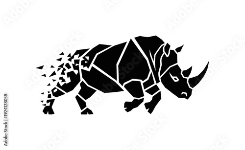 Geometric rhinoceros silhouette with fragmenting polygonal design