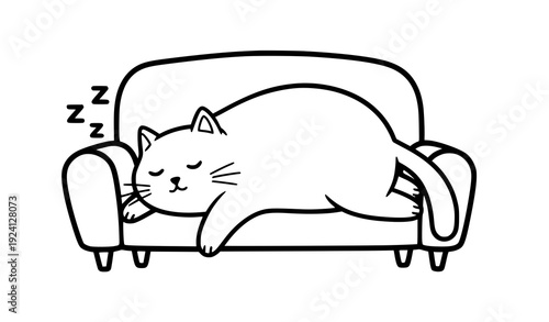 Funny cartoon cat napping on pink couch doodle vector art