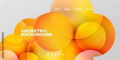 Abstract orange circles overlap on gray background. Text displays Geometric Background, plus menu options at top. Simple design.