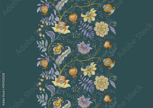 Wallpaper Mural Botanical floral seamless ornament. Vintage hand drawn pattern with ornate garden flowers, leaves and intricate decorative swirls for textile wallpaper. Classic elegant motif design. Torontodigital.ca