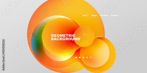 Abstract orange design dominates black background. Text labels present work, about, portfolio, contact. Dots indicate navigation options.