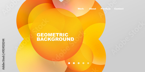 Abstract orange shapes dominate dark background. Text includes work, about, portfolio, contact. Dots indicate navigation options. Modern design.