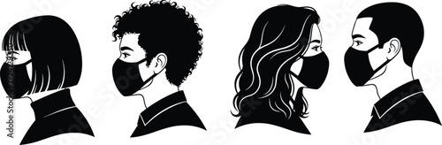 Black and white silhouettes of diverse individuals wearing protective face masks, public health artwork emphasizing safety, prevention, and pandemic awareness