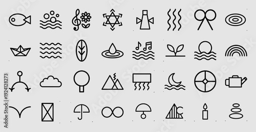 Zen lifestyle and nature wellness line icons for holistic branding. Minimalist monoline pictograms featuring water, growth, and meditation symbols.