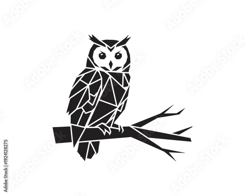Geometric owl silhouette on branch: abstract nocturnal bird design