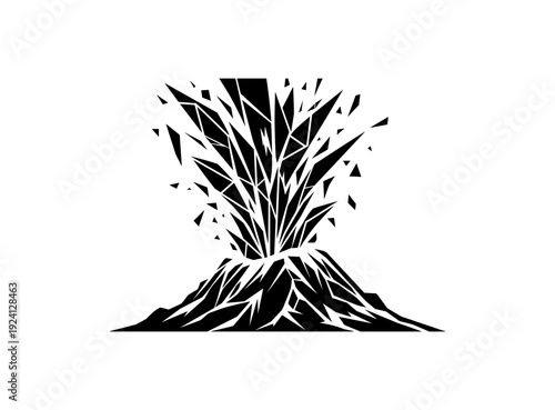 Black and white volcanic eruption silhouette with explosive abstract shapes