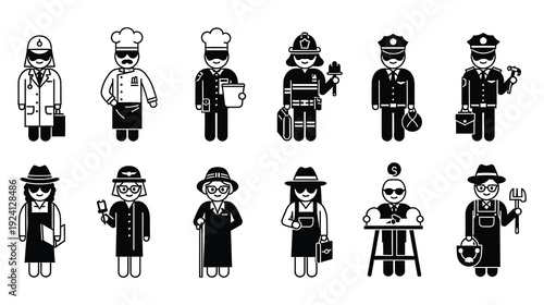 A diverse group of cartoon professionals in various occupations and attire