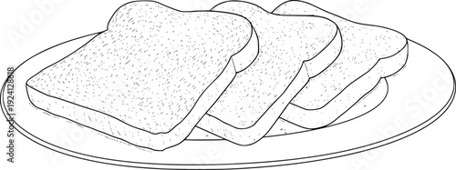 Slices of white bread a round plate drawn in a simple line style toast