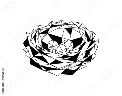 Geometric black and white rose with heart center in low poly style