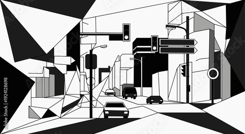 Geometric cityscape with traffic and urban buildings in monochrome design