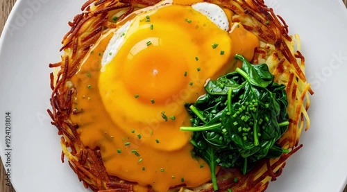 A crispy, golden Rösti potato pancake, served with a fried egg and spinach. Top-down view, highlighting the crispy textureA crispy, golden Rösti potato pancake, served with a fried egg and spinach. To