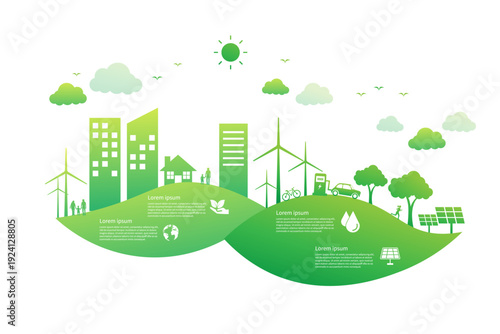 save world and ecology environment building banner background. green city on leaf. earth day concept. renewable energy. vector illustration flat poster design.