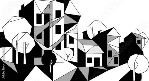 Geometric abstract architecture with monochrome houses in cubist style