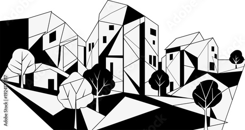 Geometric black and white abstract urban landscape with cubic structures