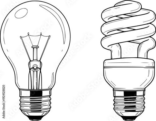 Traditional incandescent light bulb contrasted with modern spiral energy saving fluorescent lamp