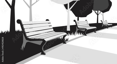 Tranquil park benches in black and white minimalist scene
